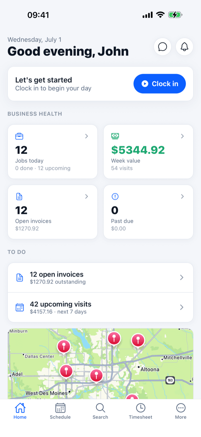 Mobile app home - clock in, business health KPIs, to-dos, and today's job map
