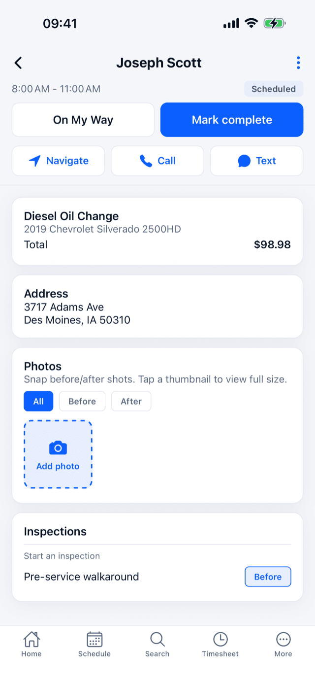 Mobile app job detail - on-my-way and mark-complete, navigate, call, text, photos, and inspections