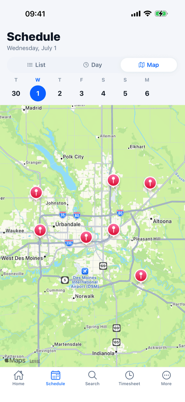 Mobile app map view - today's stops pinned across the metro