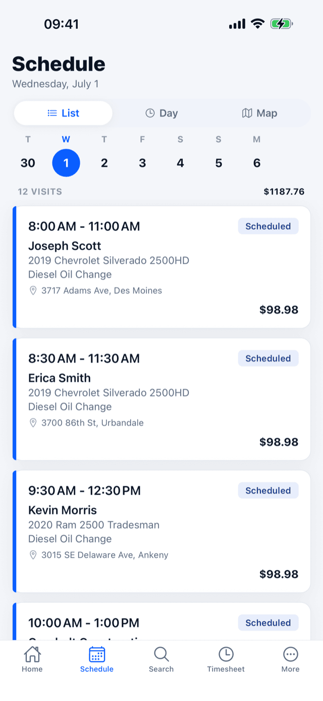 The tech app's schedule: the day's visits in order with times, vehicles, services, and totals